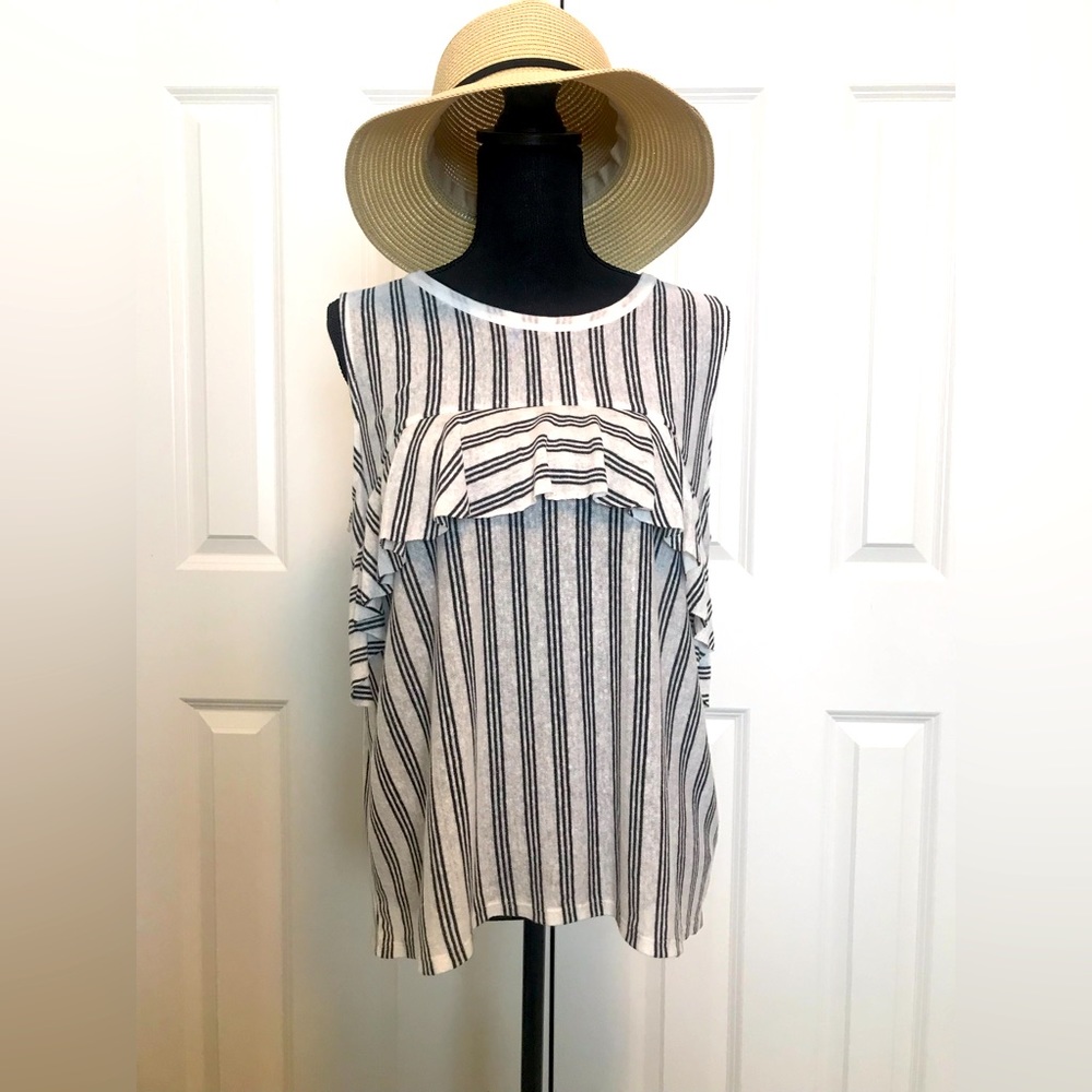 WHO WHAT WEAR Target, Sz L, New/no tag, Black/white stripe, Sleeveless, Ruffle